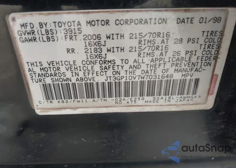 1998 Toyota Rav4 из США, поврежденный, VIN JT3GP10V7W7031648